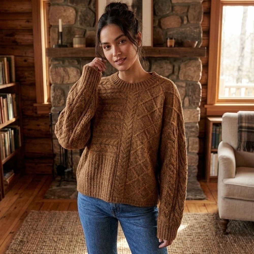 Abercrombie & Fitch Cable Knit Sweater Women L/XL Brown Oversized Cozy Warm Soft